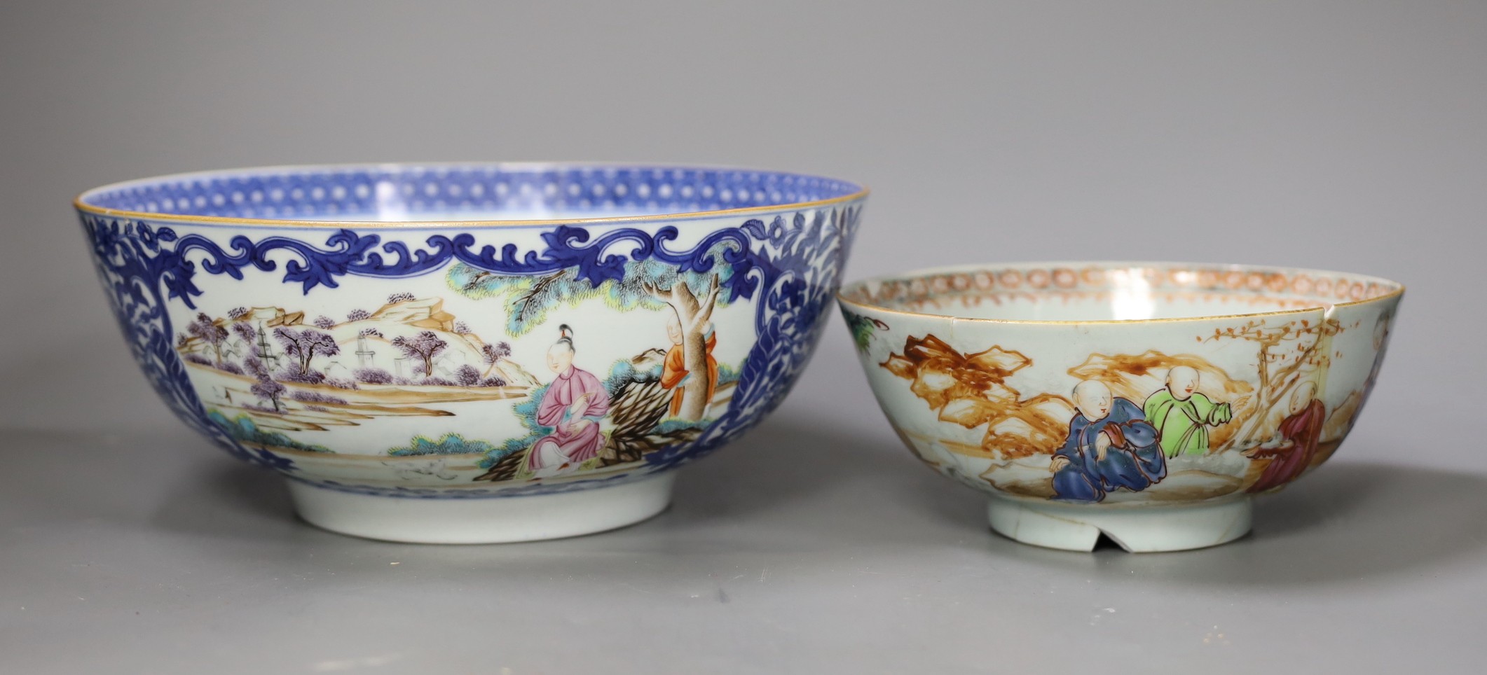 Two 18th century Chinese export famille rose bowls (a.f) largest 26cm diameter